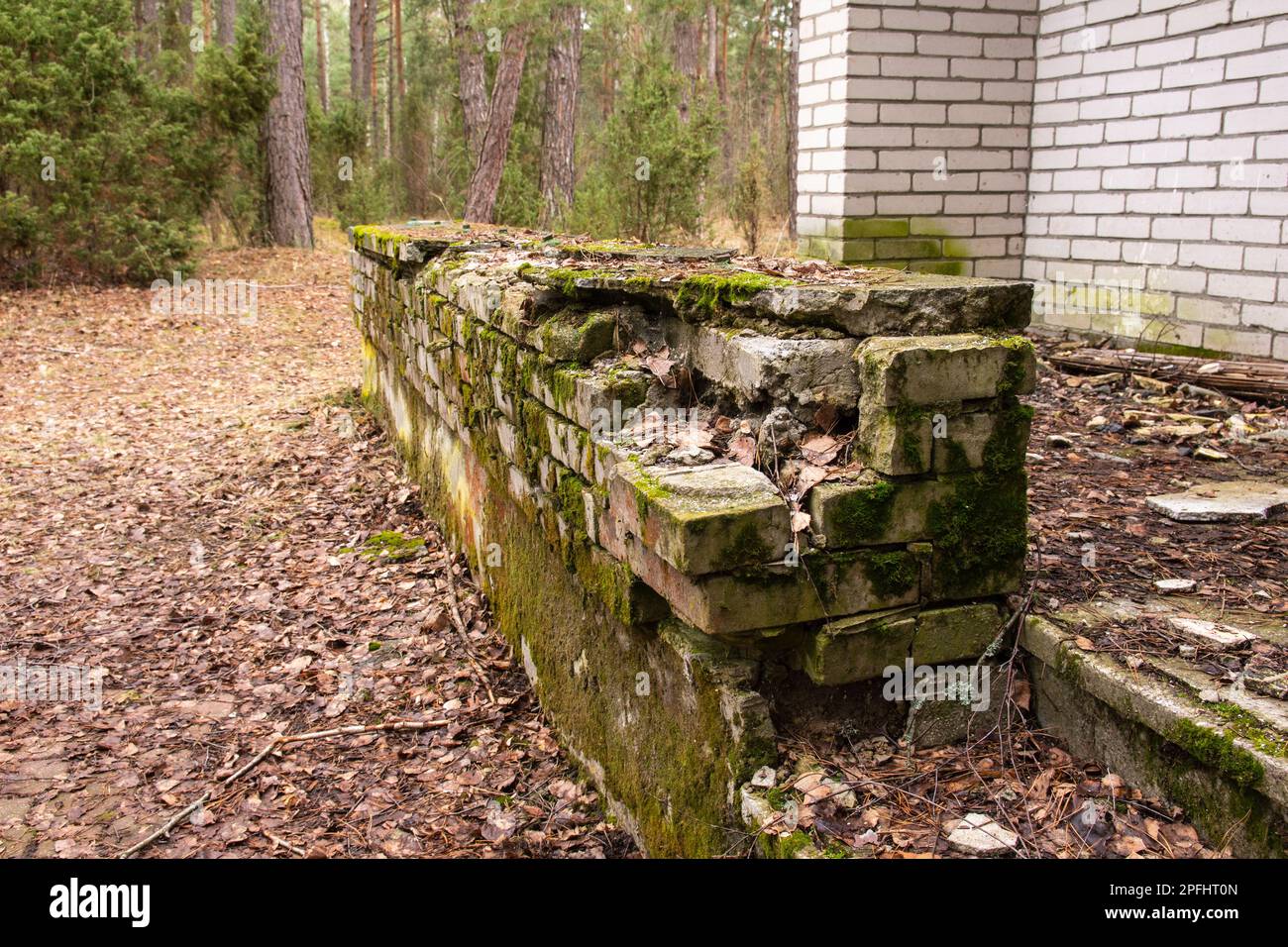 Distrutto muro di mattoni all'ingresso della terrazza di un edificio abbandonato e fatiscente, urbex. Foto Stock
