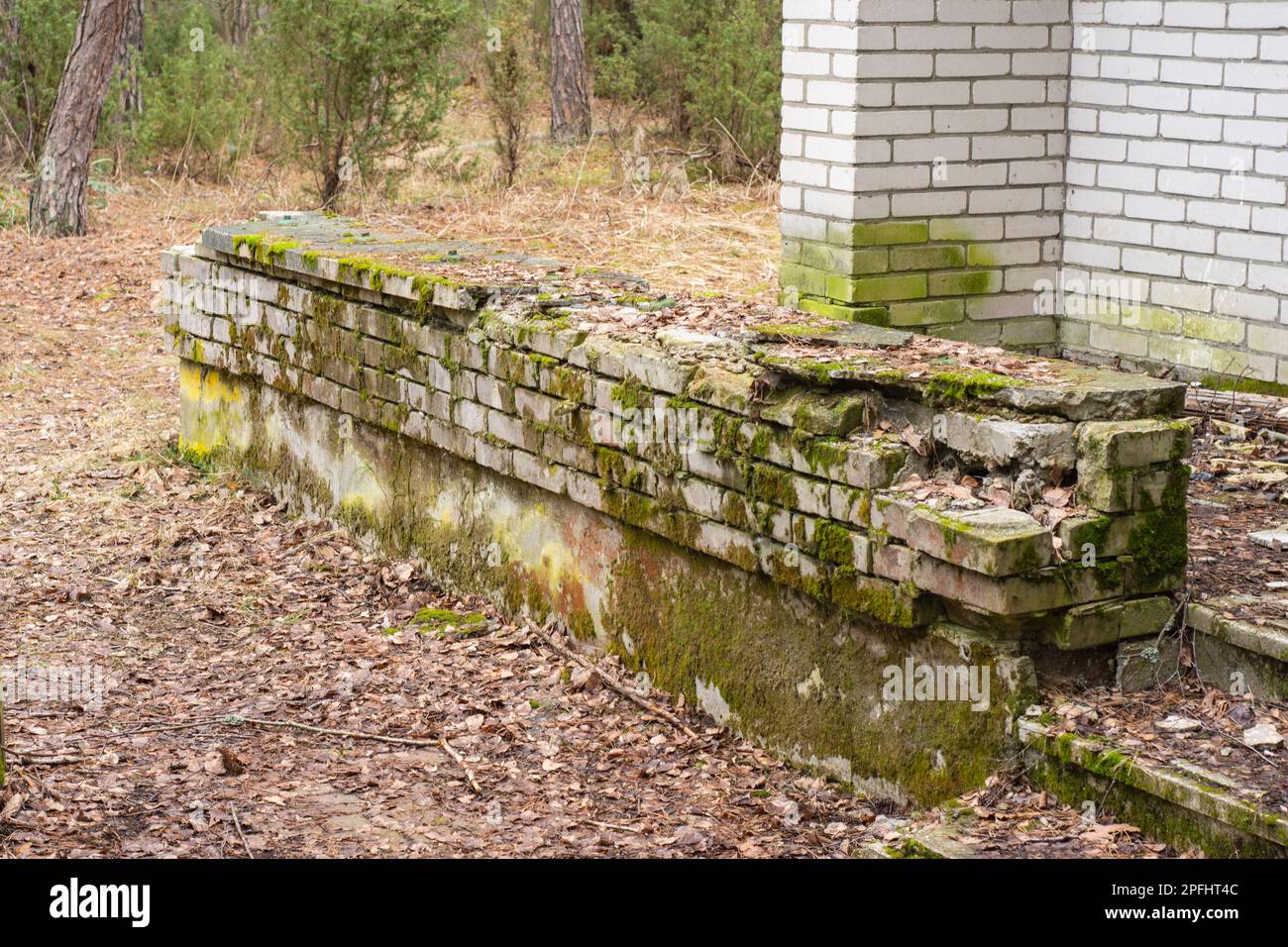 Distrutto muro di mattoni all'ingresso della terrazza di un edificio abbandonato e fatiscente, urbex. Foto Stock