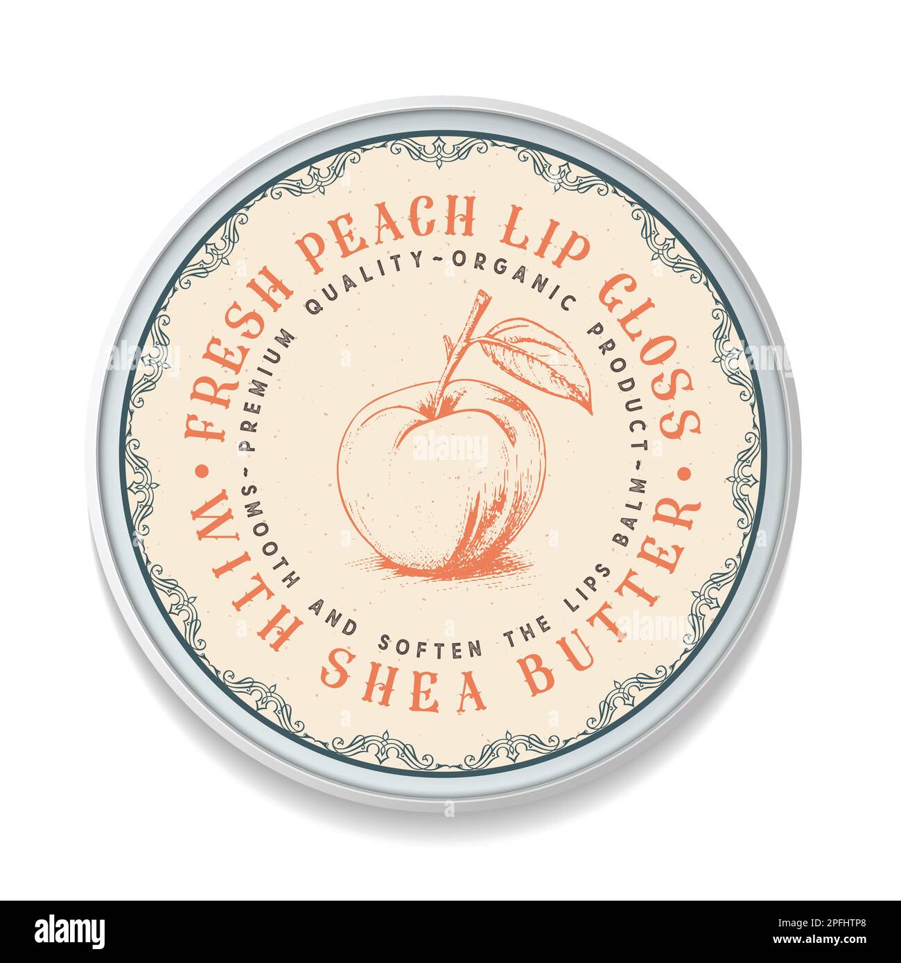 Peach Lips Balm etichetta vintage design, forma rotonda. Ideale per confezioni, etichette, adesivi, ecc. Perfetto per il vostro business. Stile semplice. Piatto Illustrazione Vettoriale