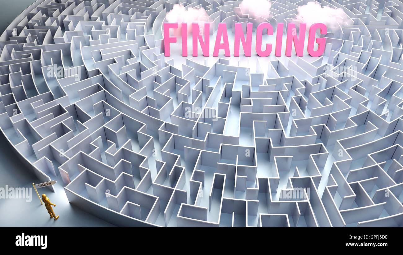 Un viaggio per trovare finanziamenti - passare attraverso un labirinto di ostacoli e difficoltà confusi per raggiungere finalmente i finanziamenti. Un percorso lungo e impegnativo,3D Foto Stock