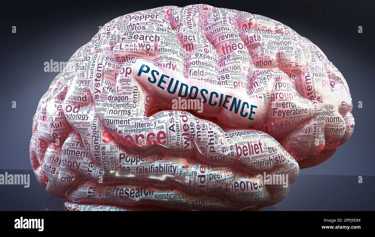 Pseudoscienza nella mente umana - una nuvola di parole che descrive la pseudoscienza stampata su un cervello umano. Idee e concetti importanti relativi alla pseudoscienza.,3D Foto Stock