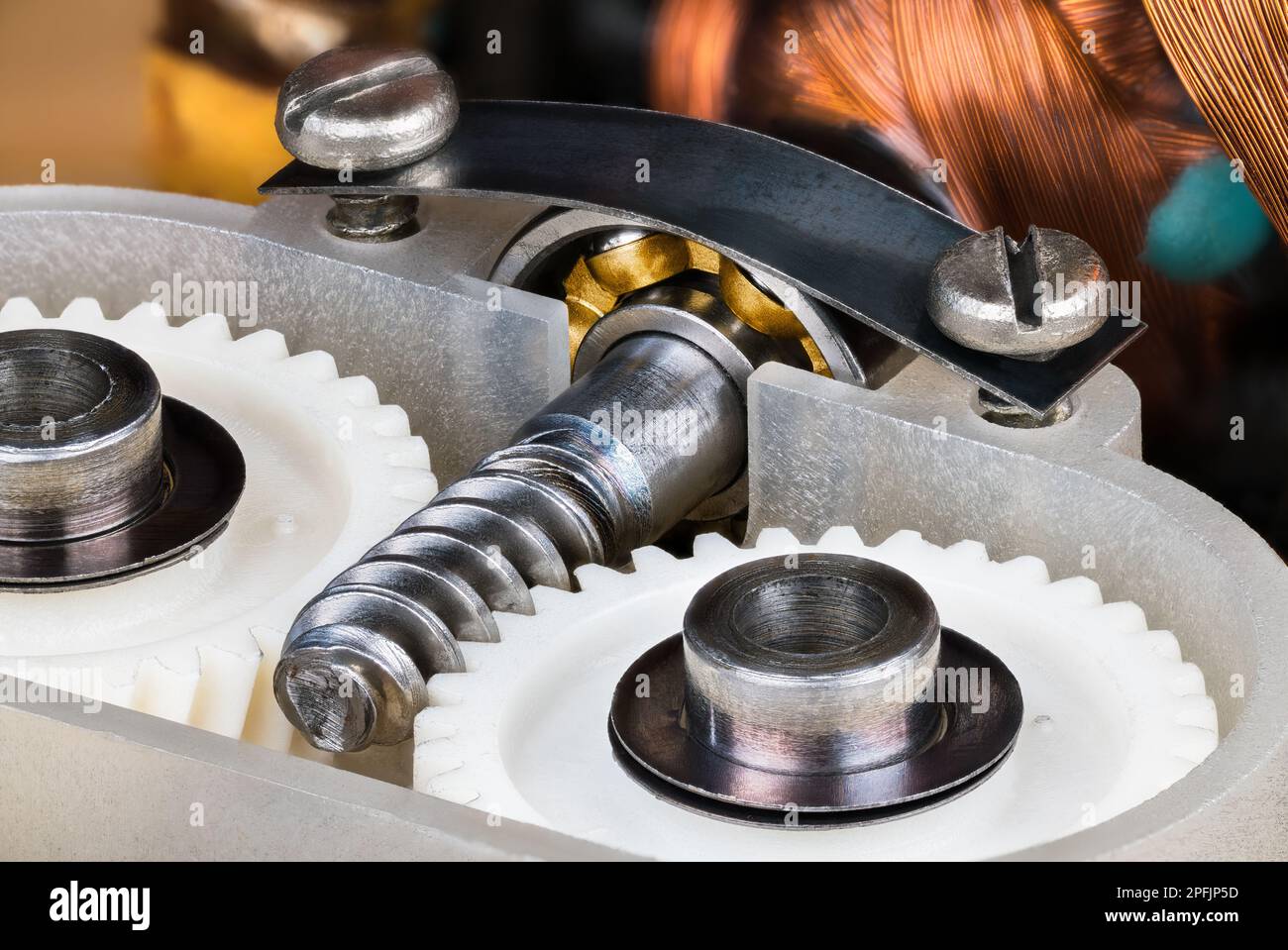 Vite senza fine in acciaio, ruote dentate in plastica bianca o cuscinetto a sfere nel supporto con molla a balestra in acciaio. Primo piano del meccanismo nella scatola ingranaggi del motore elettrico. Foto Stock