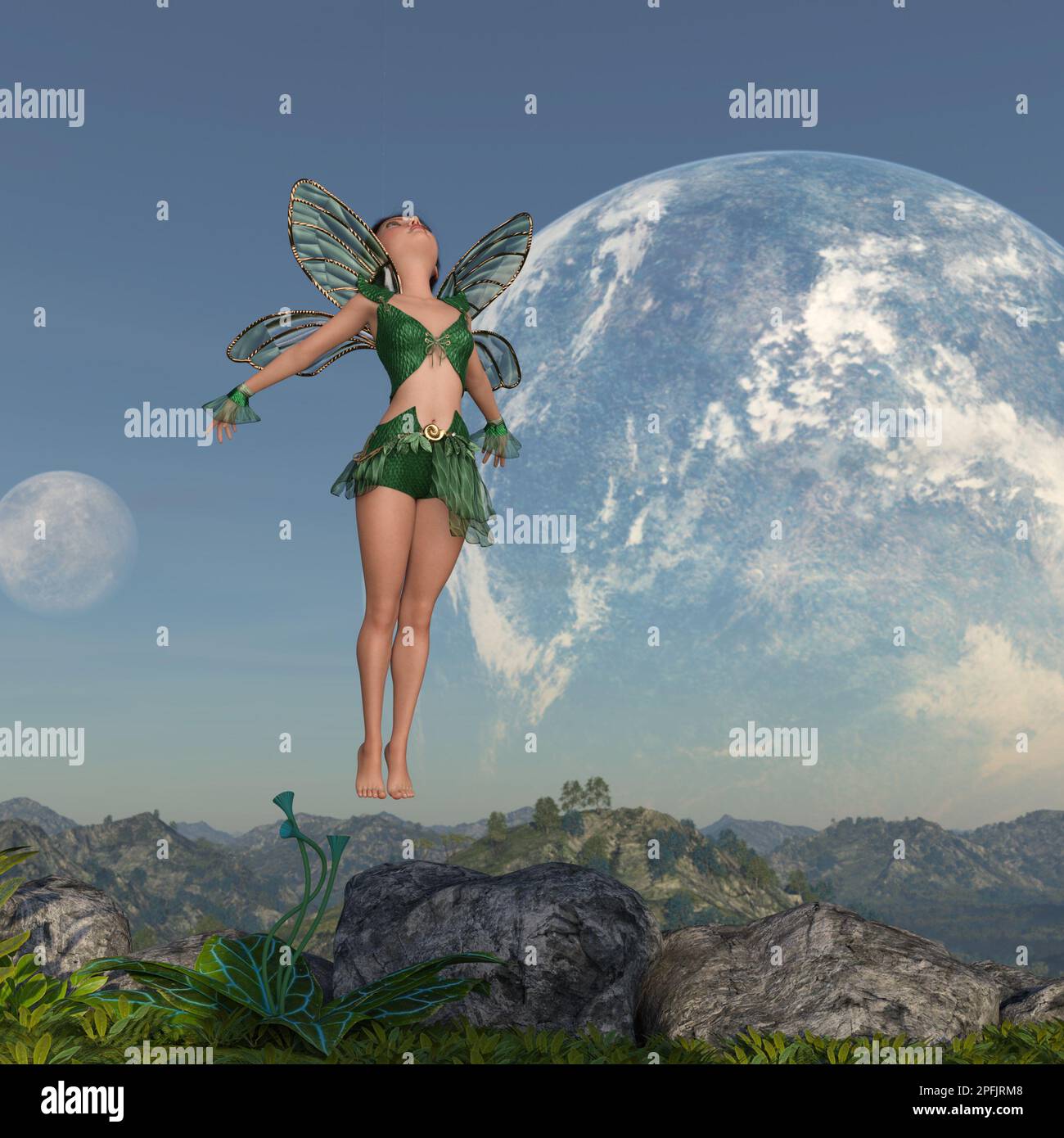 3d illustrazione di una fata alata che guarda verso l'alto mentre vola su un pianeta esotico con due lune sullo sfondo. Foto Stock