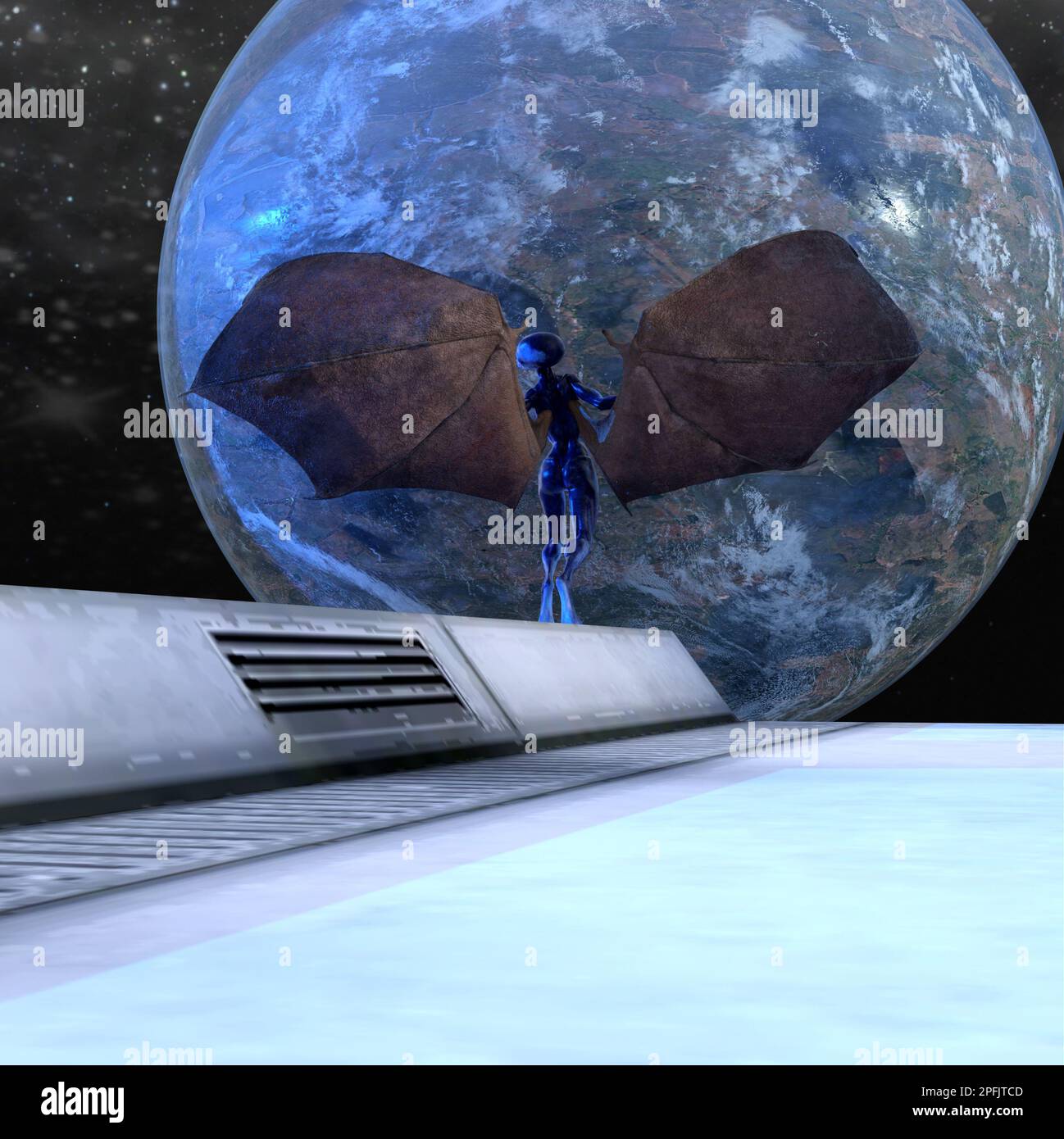 3d illustrazione di un alieno femminile in pelle blu con grandi ali di pelle che guardano un piccolo mondo nello spazio che si erge vicino. Foto Stock