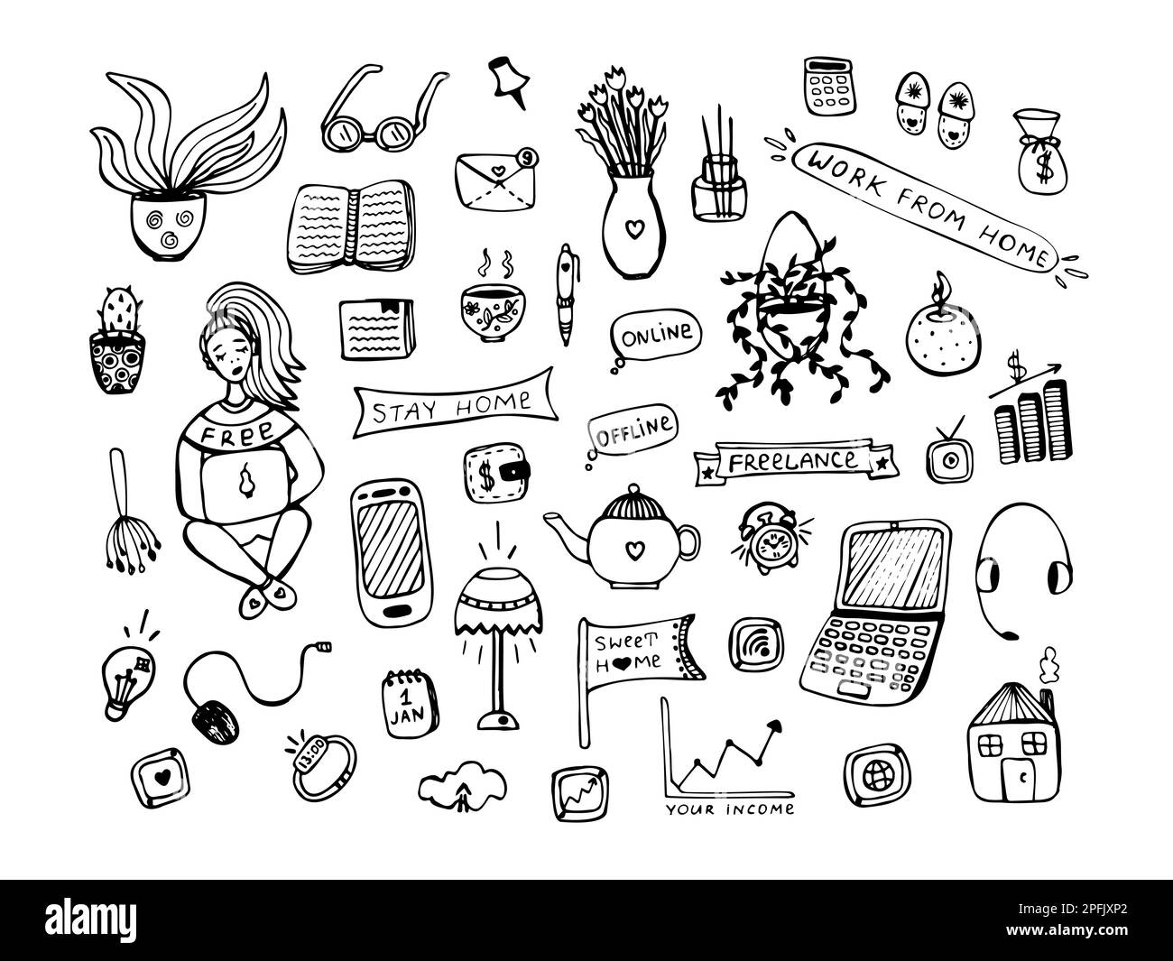 Lavoro a casa, nero e bianco doodle set Illustrazione Vettoriale