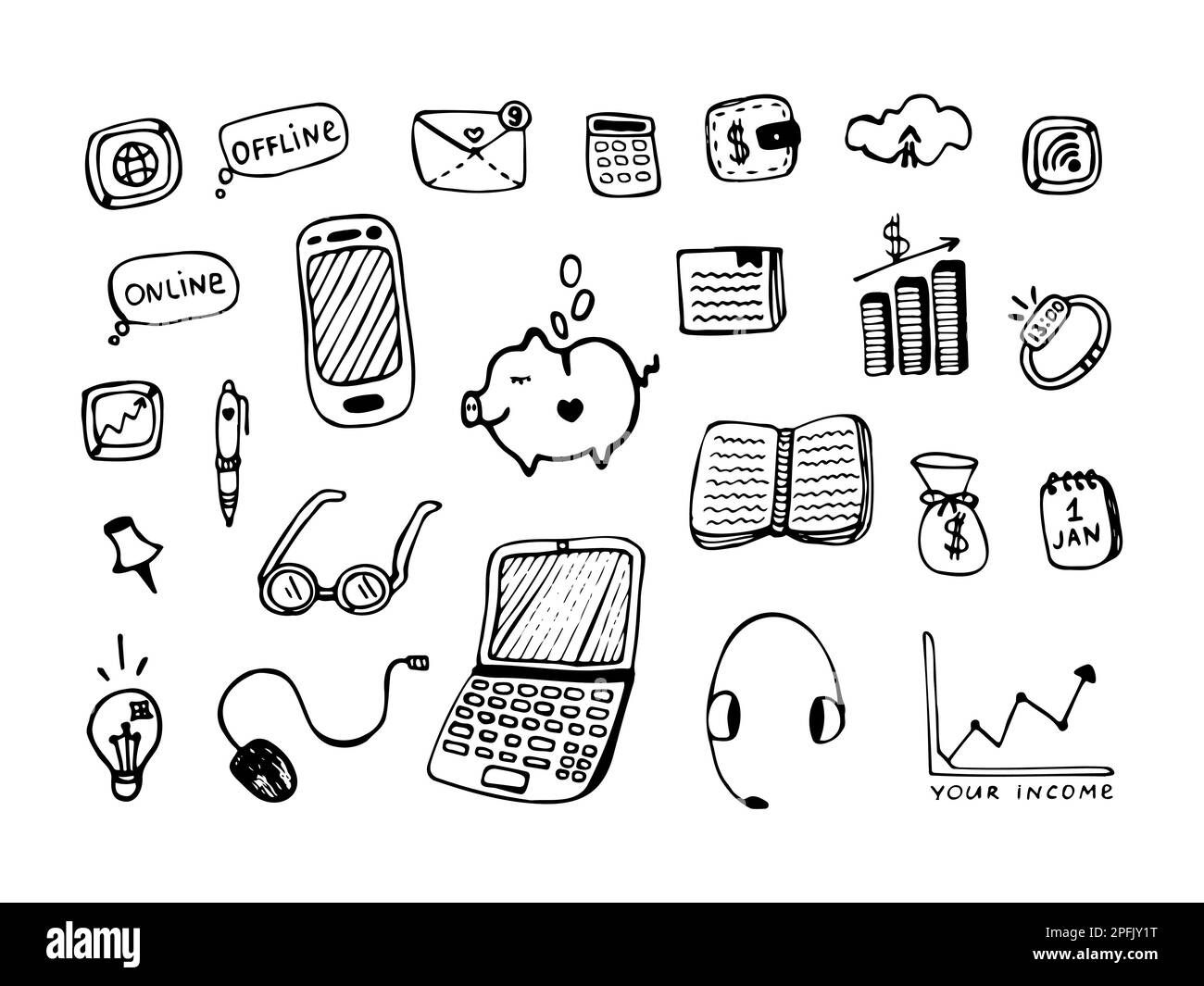 Reddito scarabocchi, carino nero contorno set Illustrazione Vettoriale