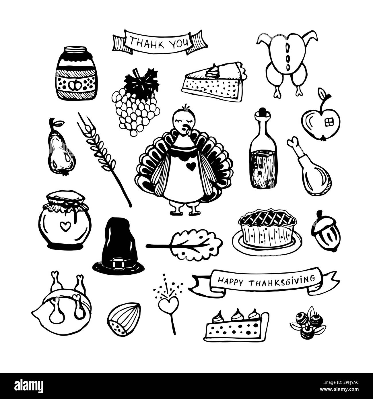 Giorno del Ringraziamento, nero e bianco Doodle set Illustrazione Vettoriale