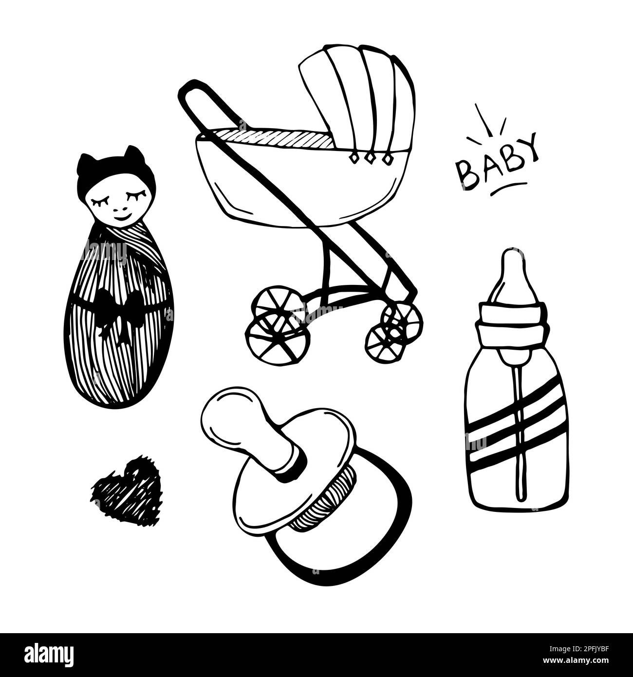 Baby e articoli correlati, nero e bianco doodle set Illustrazione Vettoriale