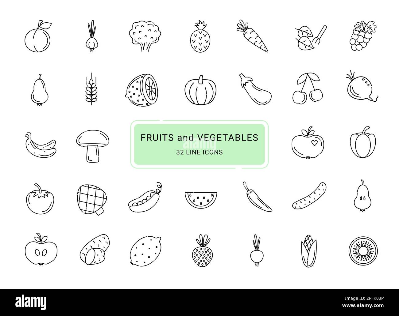 Frutta e verdura, 32 belle icone vettoriali linea Illustrazione Vettoriale