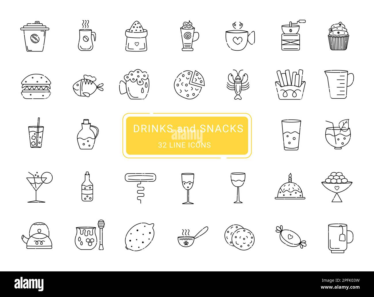 Bevande e snack, 32 linee icone vettoriali Illustrazione Vettoriale