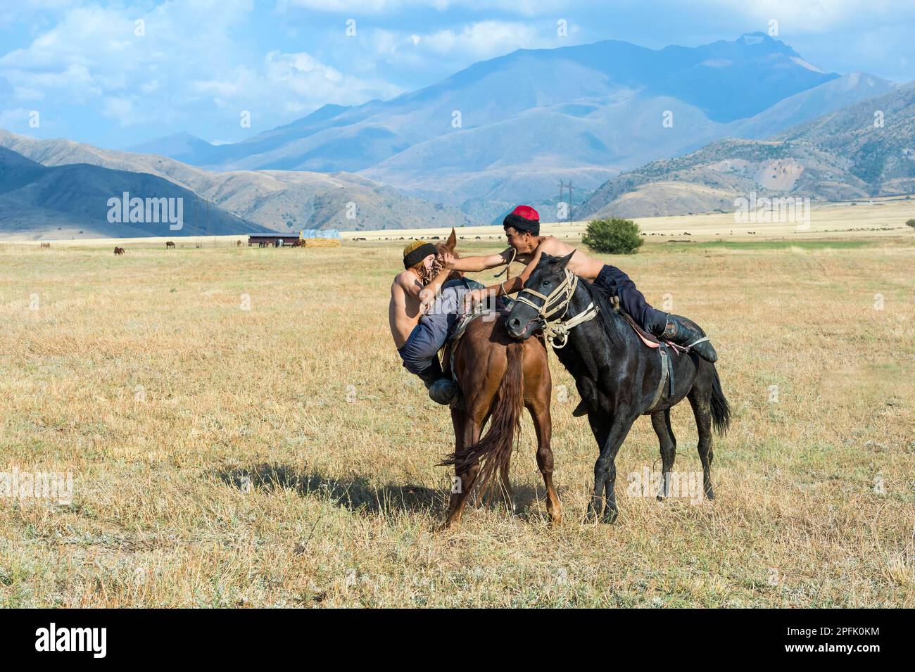 Atpen Audaraspak, tradizionale braccio kazako Wrestling a cavallo, Parco Nazionale Gabagly, Shymkent, Regione Sud, Kazakistan, Asia centrale, for Foto Stock