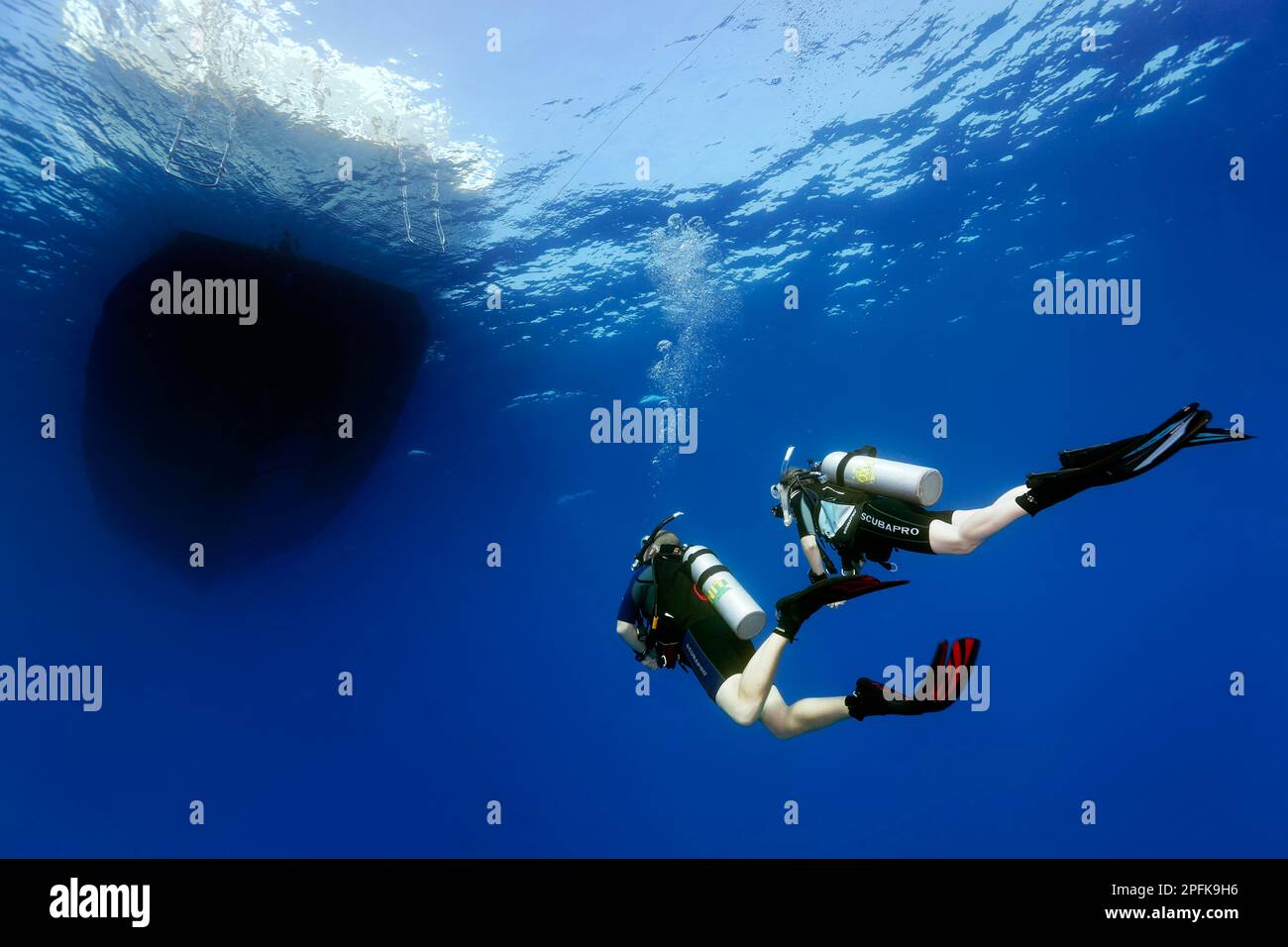 Subacqueo, subacqueo, due, tuffarsi indietro alla nave di tuffo, nave di liveaboard, silhouette, Mar Rosso, Hurghada, Egitto Foto Stock