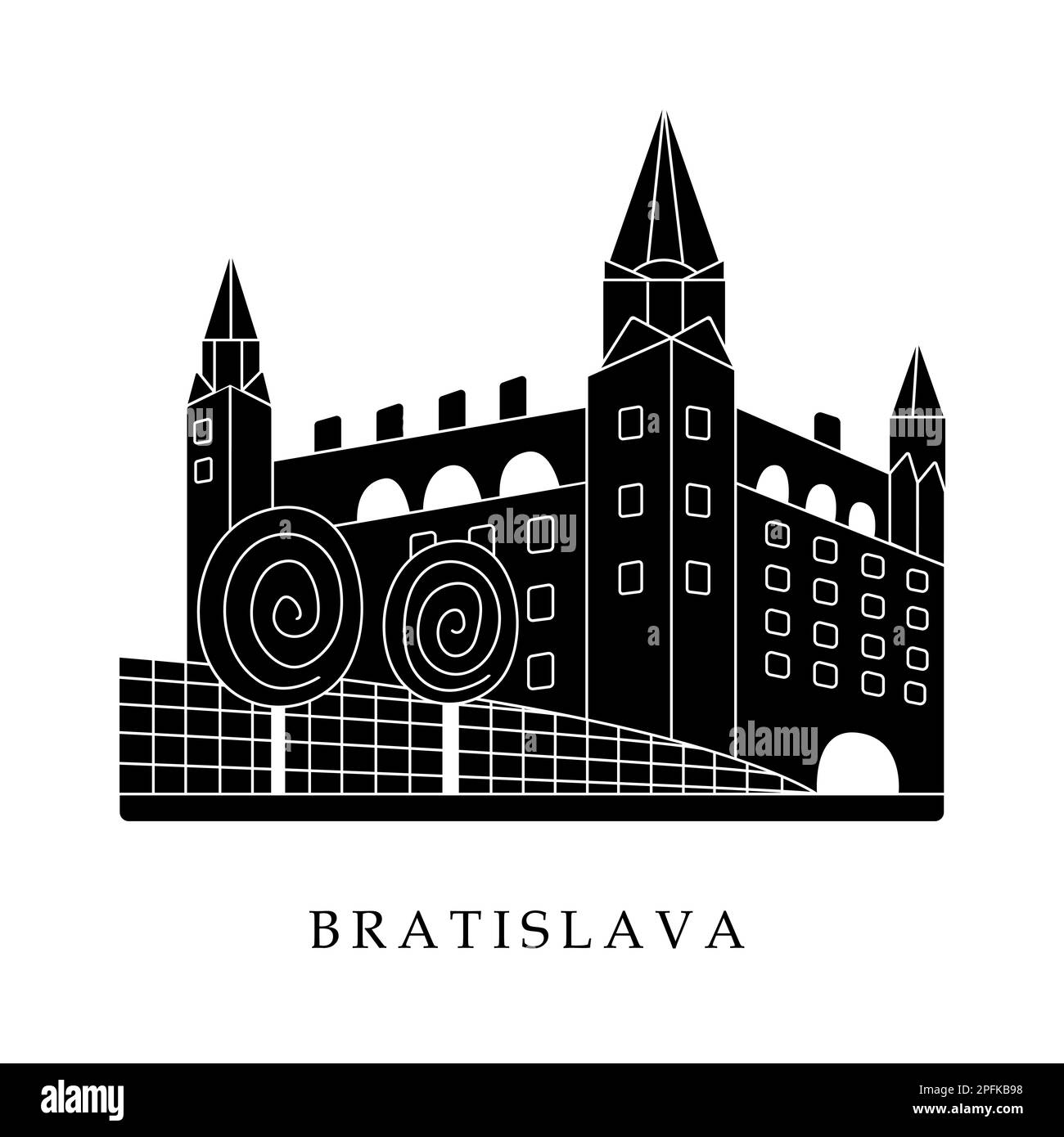 Capitali europee, Bratislava. Illustrazione in bianco e nero Illustrazione Vettoriale