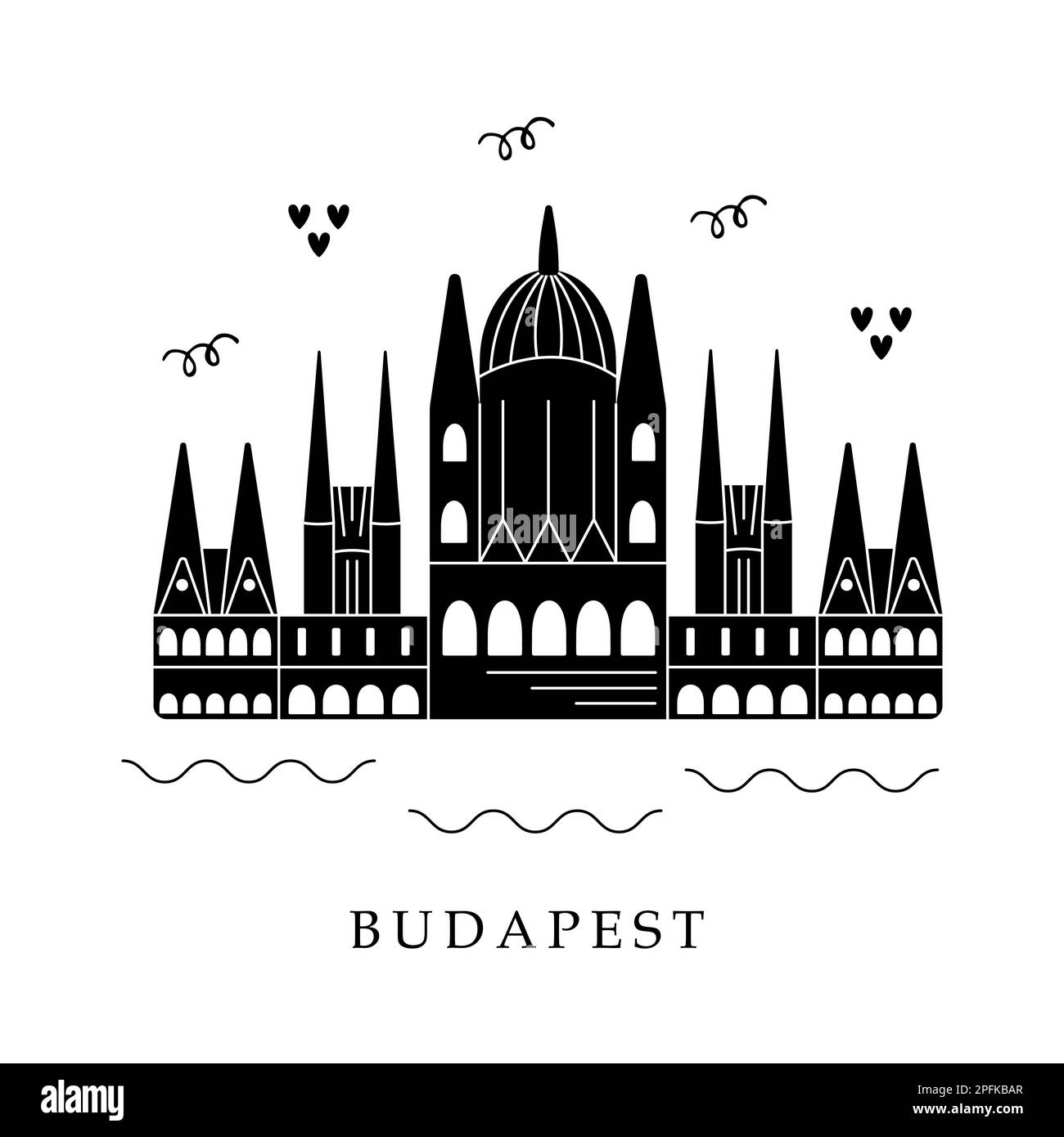 Capitali europee, Budapest. Illustrazione in bianco e nero Illustrazione Vettoriale