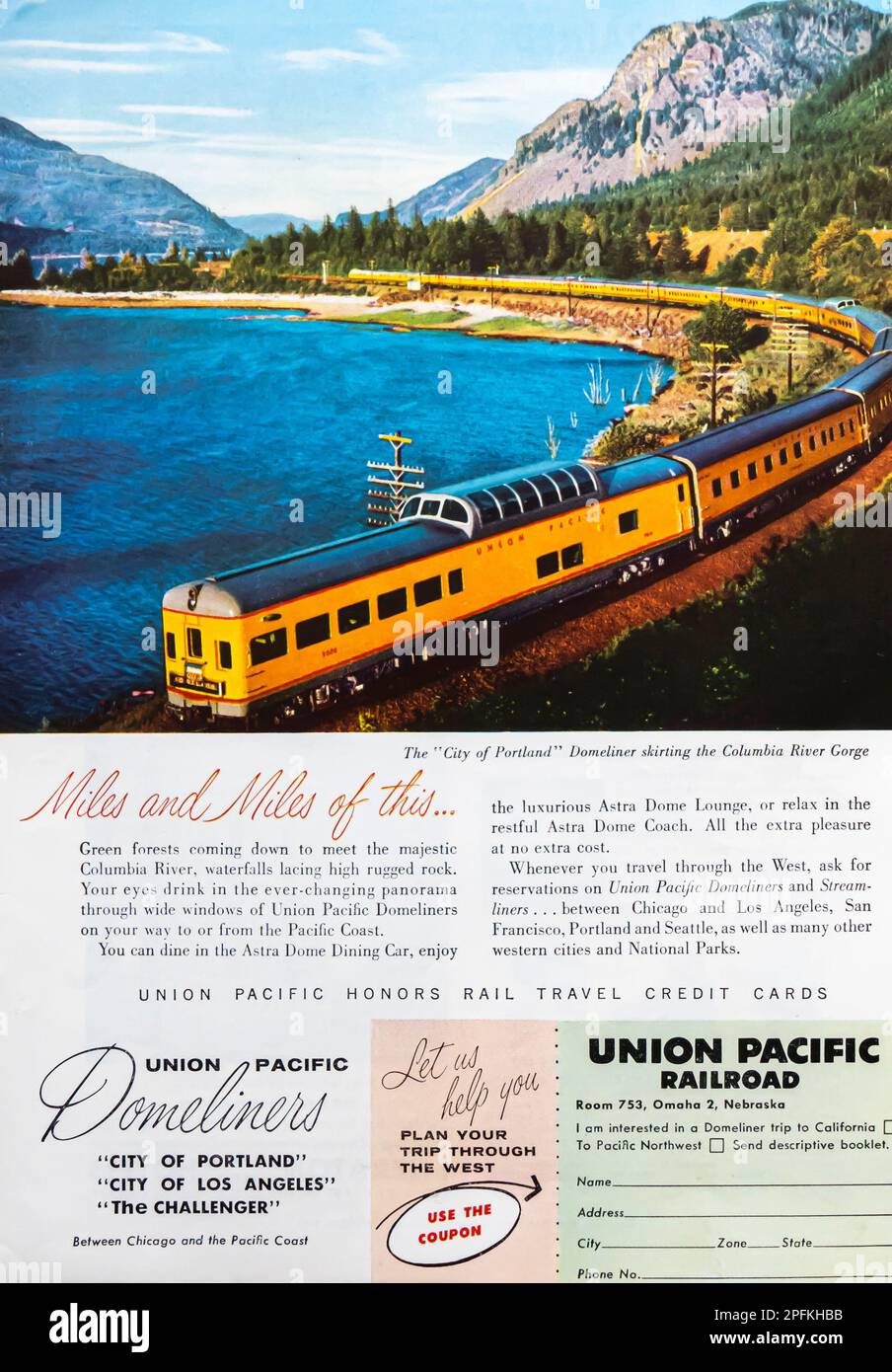 Pubblicità Union Pacific Domeliners Railroad in una rivista NatGeo, ottobre 1956 Foto Stock