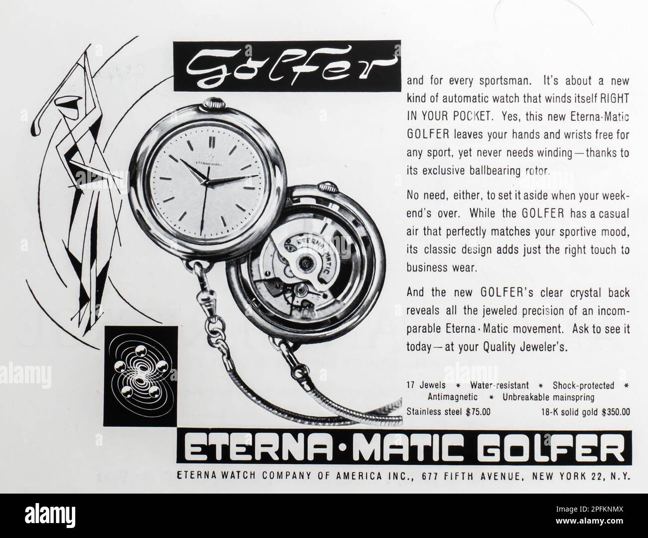 1956 annuncio stampa orologio tascabile Eterna-Matic Golpher Foto Stock