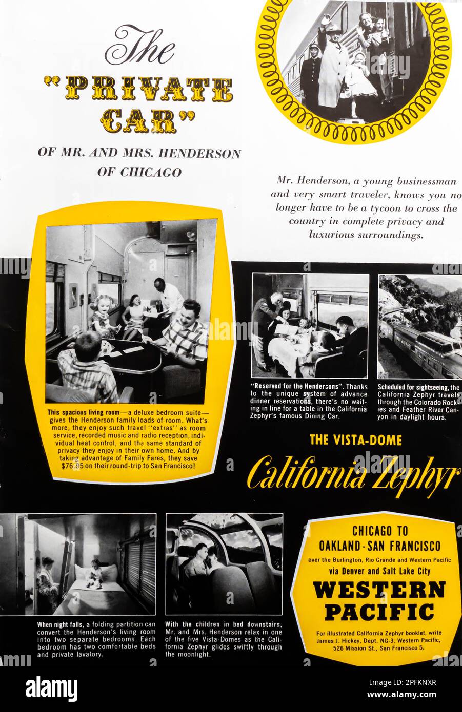 Vista-dome California Zephyr - annuncio del Pacifico occidentale in una rivista NatGeo, novembre 1956 Foto Stock