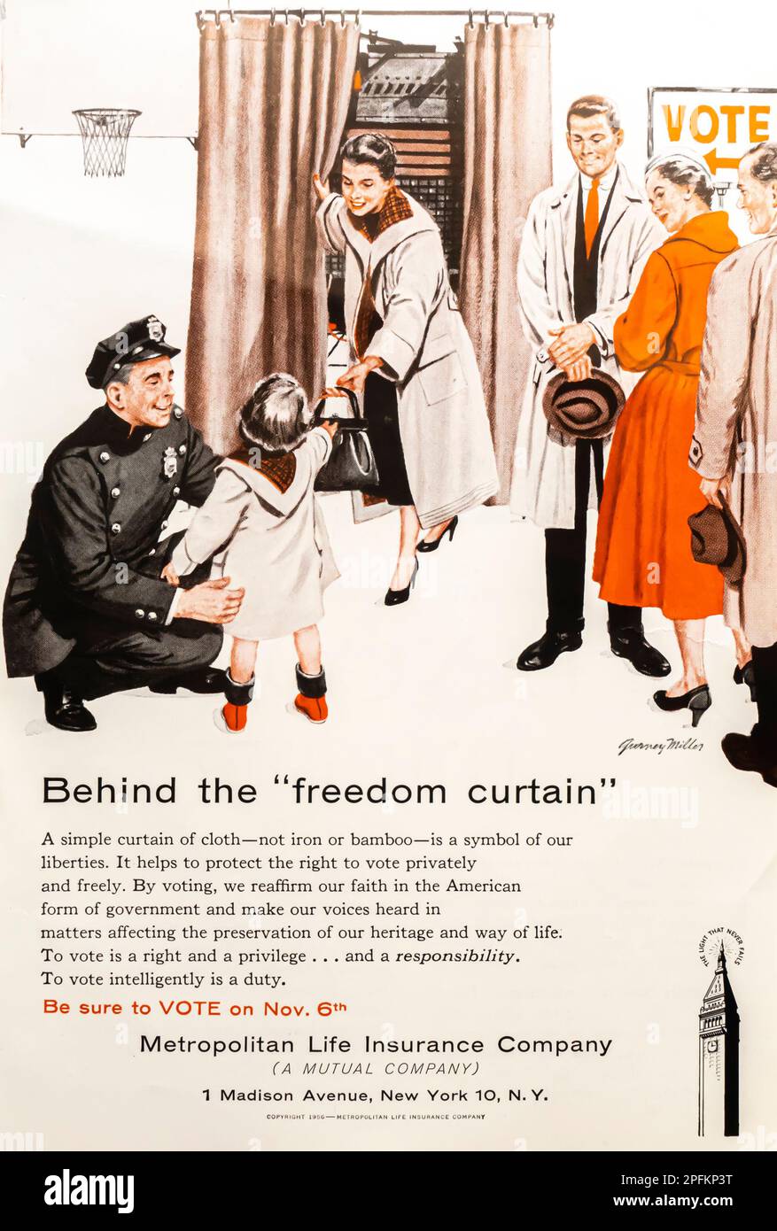 Metropolitan life insurance Company - American Values theme - Vota - annuncio in una rivista NatGeo, novembre 1956 Foto Stock