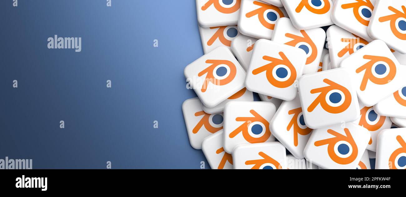Logo del software di modellazione e rendering 3D Blender su un heap su un tavolo. Foto Stock