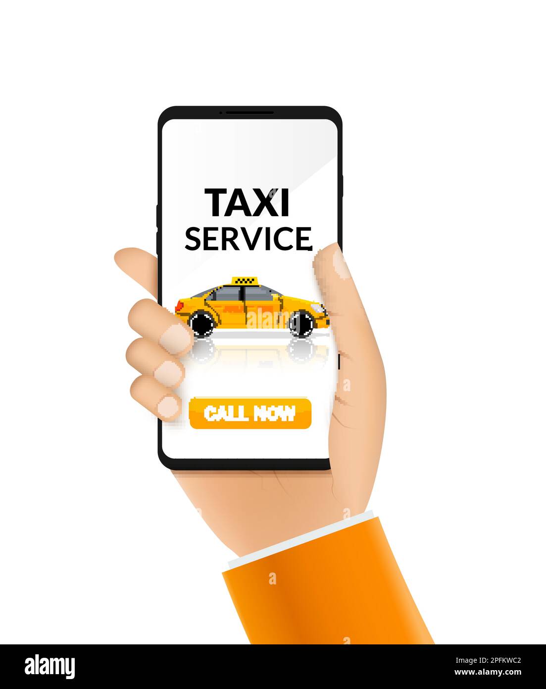 Design dell'app per il servizio taxi. Telefono cellulare ordine taxi app illustrazione servizio conducente giallo auto Illustrazione Vettoriale