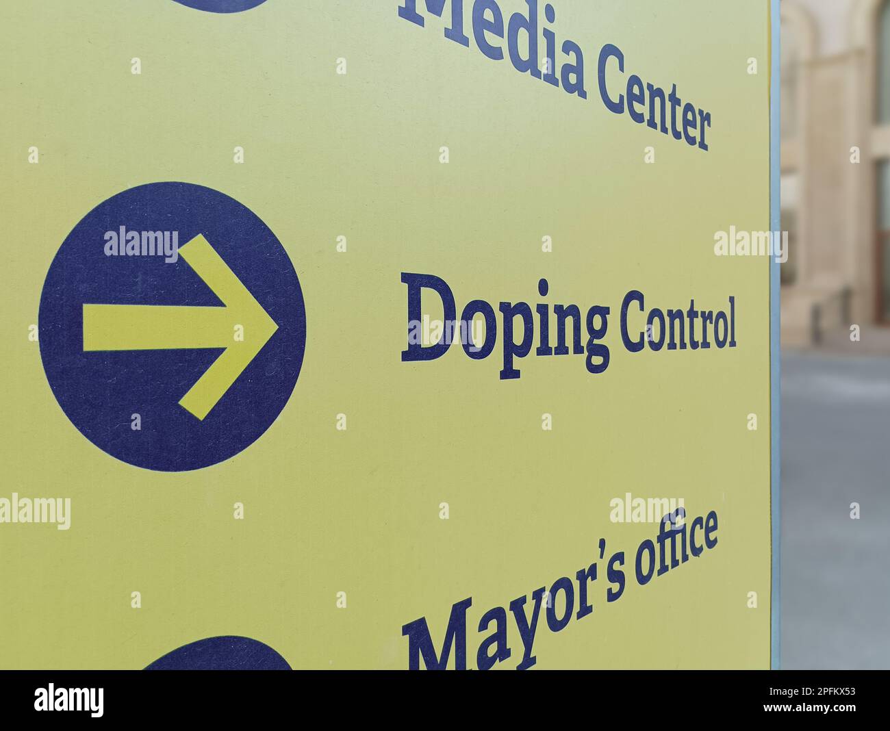 Cartello di controllo doping collocato in occasione di un evento sportivo per gli atleti Foto Stock