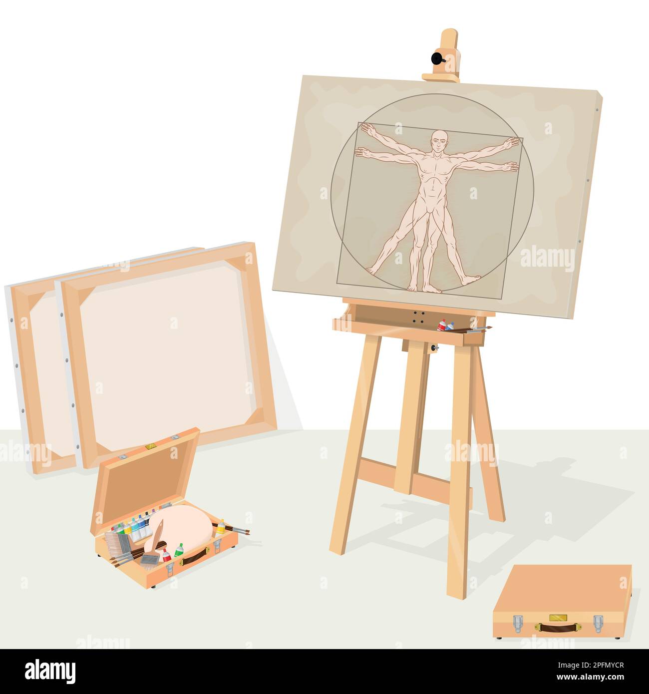 Disegno vettoriale di uno studio d'arte, cavalletto con opere d'arte vintage, opere d'arte classica dell'uomo vitruviano su tela Illustrazione Vettoriale