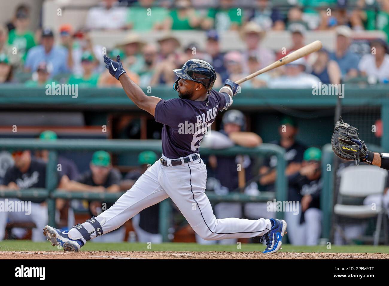 Il 16 MARZO 2023, Lakeland FL USA; Detroit Tigers ha lasciato il fielder Akil Baddoo (60) nella parte inferiore del terzo inning durante un allenamento primaverile della MLB g Foto Stock