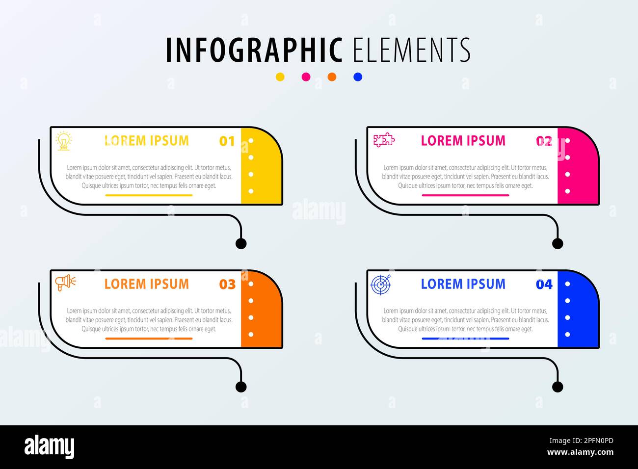 Infografica aziendale processo a linea sottile con modello quadrato e circolare con icone e 4 opzioni o passaggi. Illustrazione vettoriale. Illustrazione Vettoriale