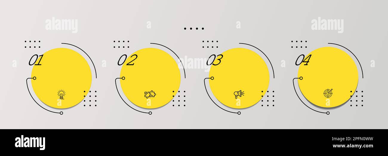 Infografica aziendale processo a linea sottile con modello quadrato e circolare con icone e 4 opzioni o passaggi. Illustrazione vettoriale. Illustrazione Vettoriale