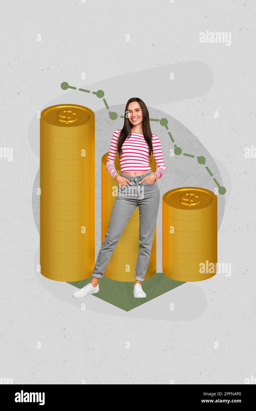 Verticale minimo collage foto di giovane imprenditore di affari allegro donna mani tasche pile monete dollari stock isolati su sfondo grigio Foto Stock