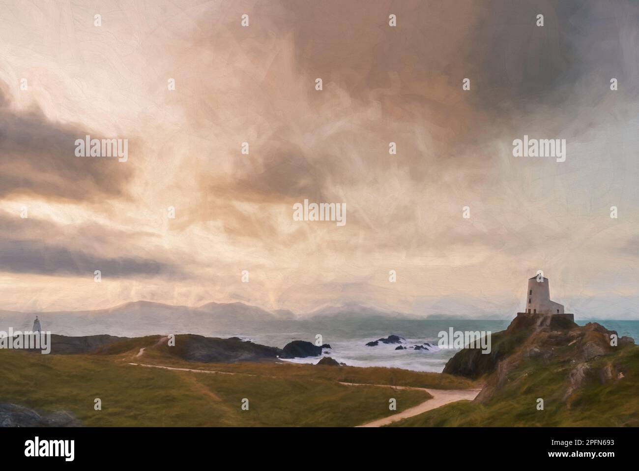 Pittura digitale del faro dell'isola di Llanddwyn, Twr Mawr a Ynys Llanddwyn su Anglesey, Galles del Nord all'alba. Foto Stock