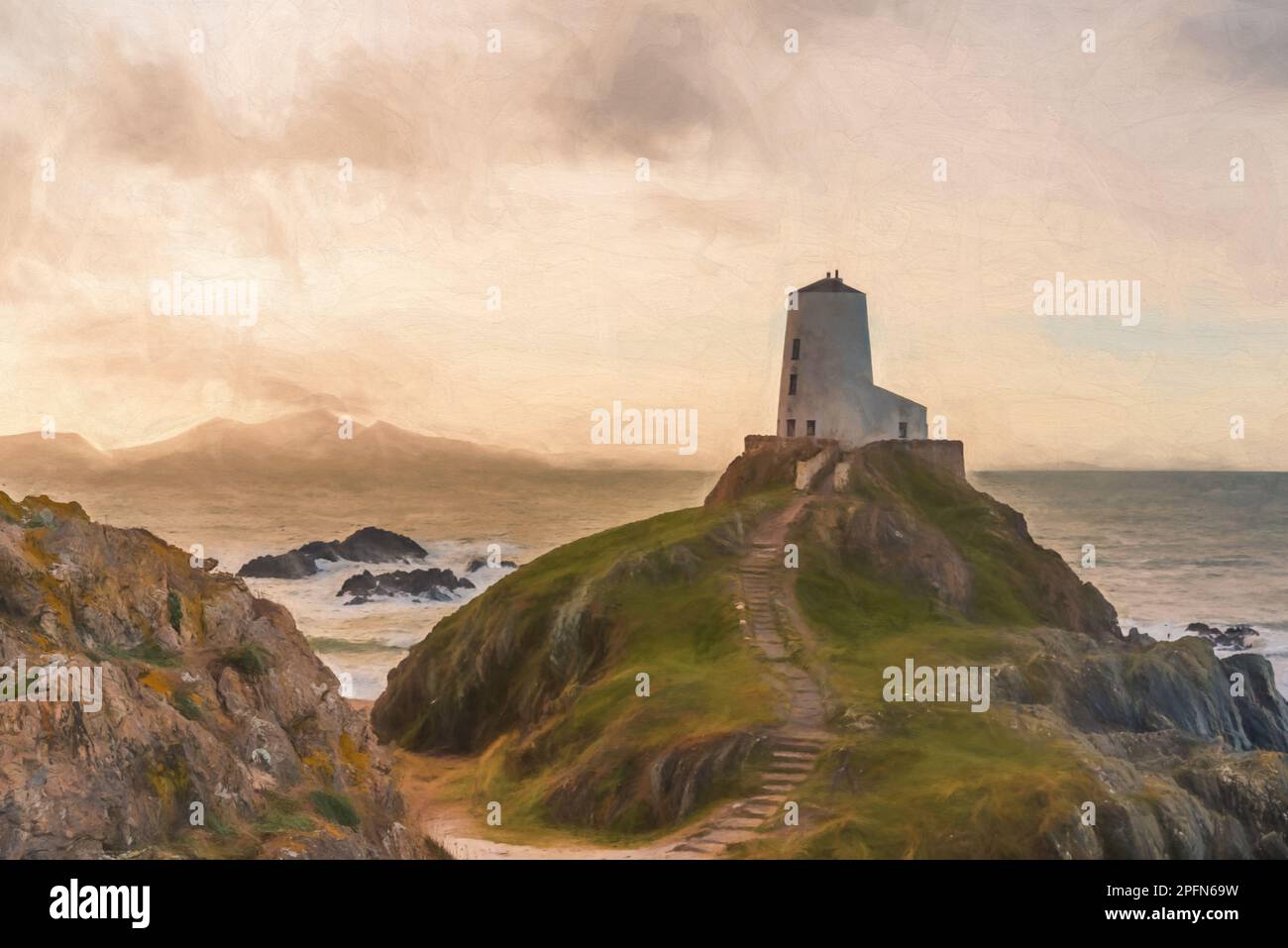 Pittura digitale del faro dell'isola di Llanddwyn, Twr Mawr a Ynys Llanddwyn su Anglesey, Galles del Nord all'alba. Foto Stock