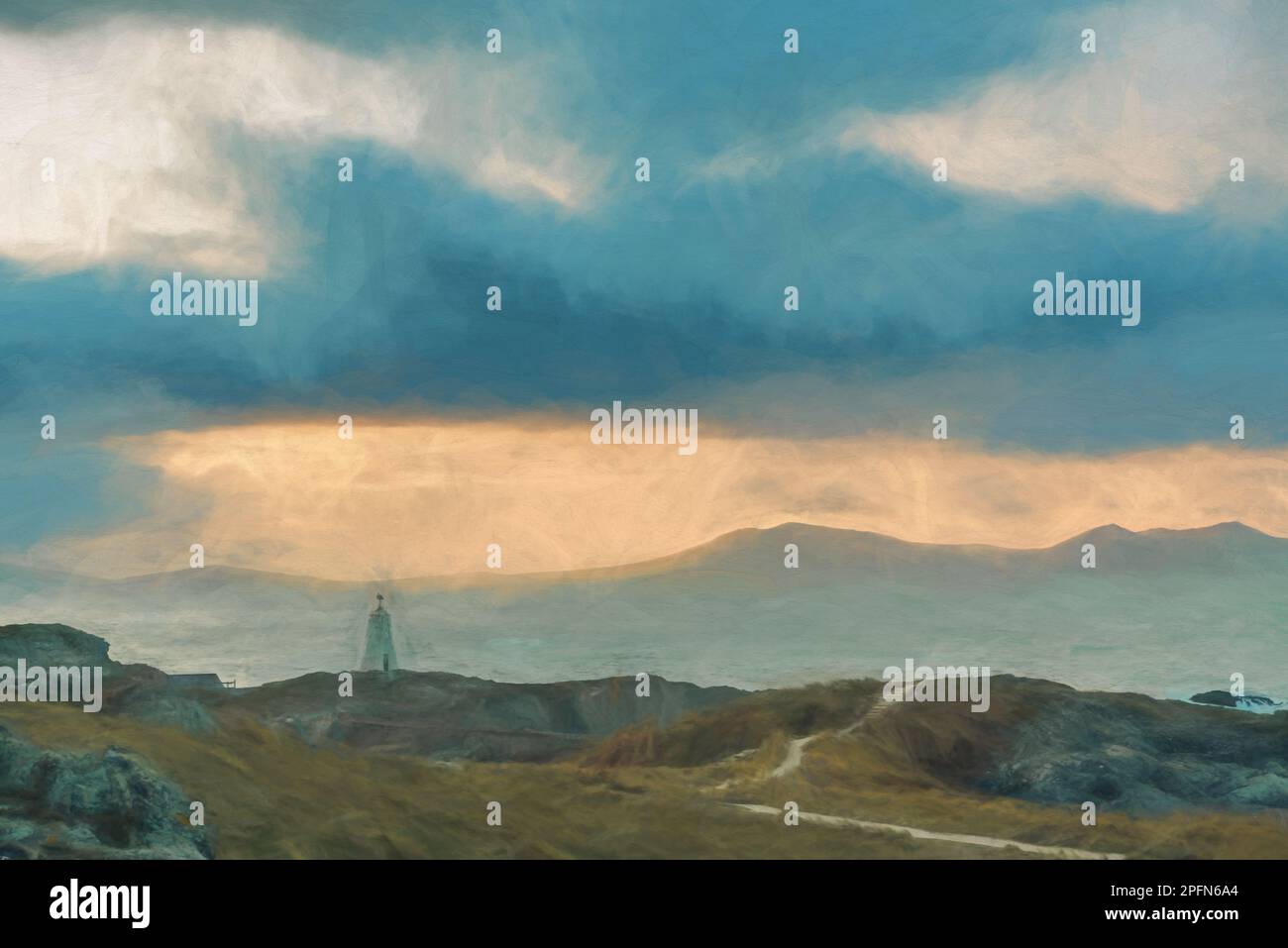 Pittura digitale del faro dell'isola di Llanddwyn, Goleudy Twr Bach a Ynys Llanddwyn su Anglesey, Galles del Nord all'alba. Foto Stock