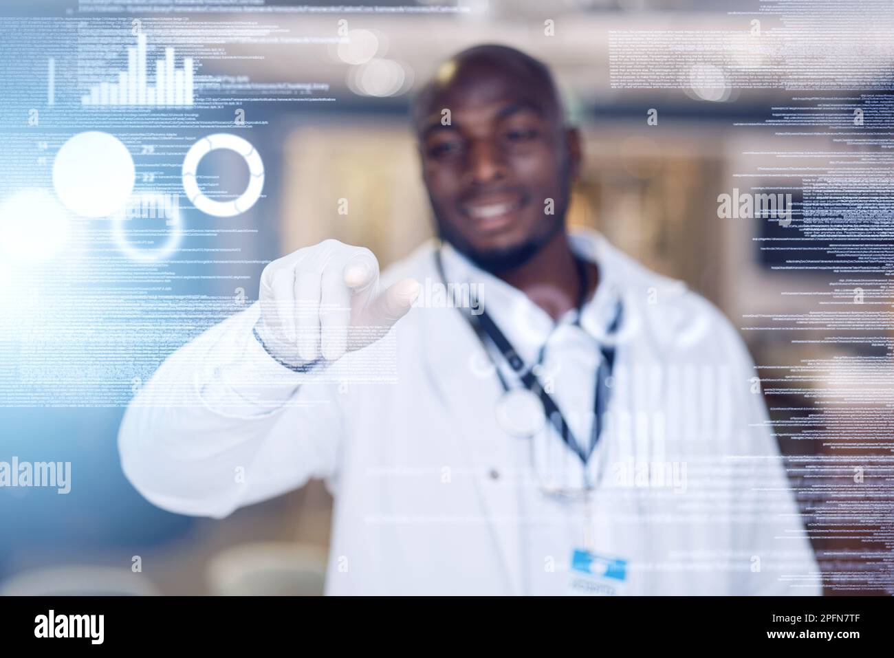 Sovrapposizione, database e assistenza sanitaria con un dottore nero che tocca un'interfaccia 3D o ai ologramma per la ricerca e l'innovazione. Digitale, tecnologia e. Foto Stock