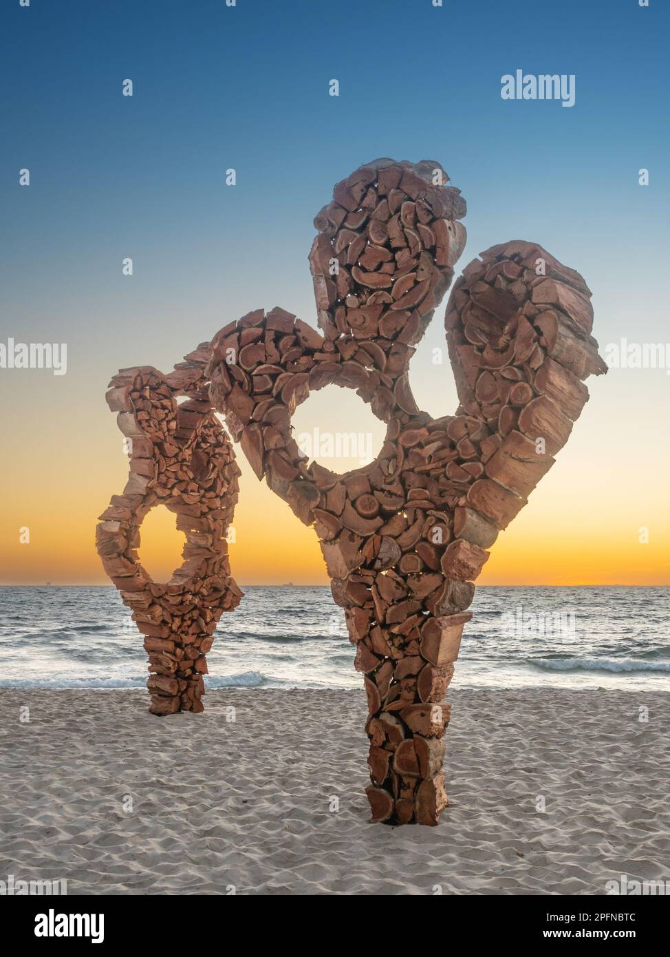 Un tramonto fa da sfondo alle sculture del mare a Cottesloe Beach a Perth, Australia Occidentale. Foto Stock