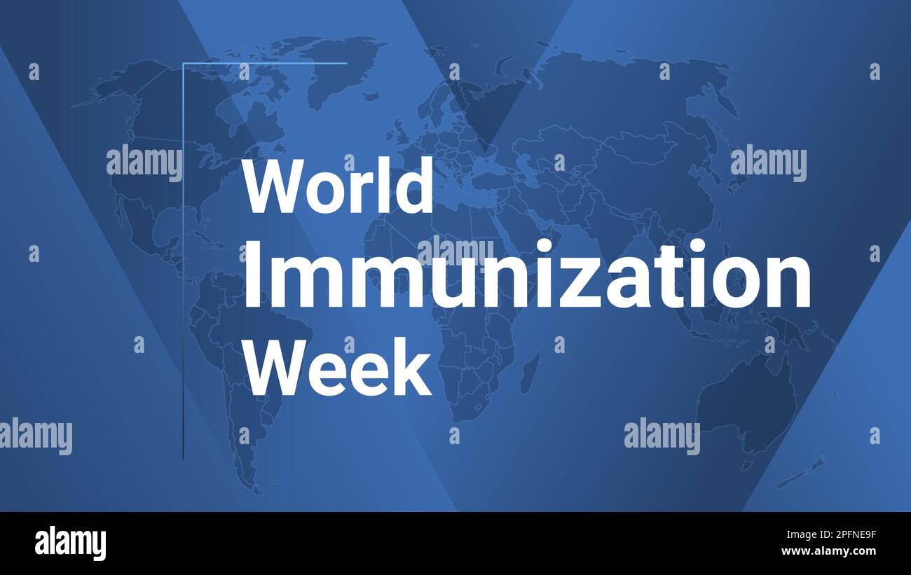 Carta delle vacanze della settimana mondiale di immunizzazione. Poster con mappa terrestre, sfondo con linee sfumate blu, testo bianco. Banner dal design piatto. Illustrazione vettoriale Illustrazione Vettoriale