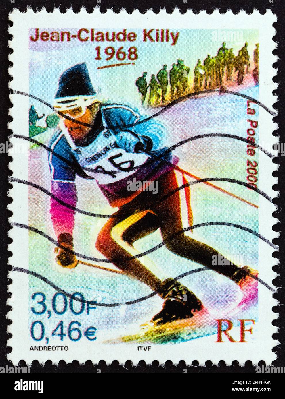 RANCE - CIRCA 2000: Un francobollo stampato in Francia mostra Jean-Claude Killy (medaglia d'oro olimpica in discesa, slalom gigante e speciale, 1968), circa 2000. Foto Stock