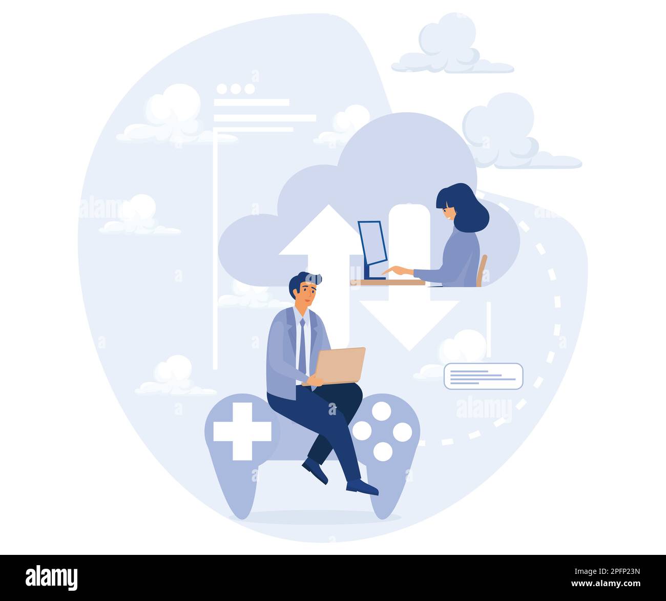 Concetto di servizio cloud, piattaforma di gioco online, gestione dei sistemi, grafica vettoriale piatta Illustrazione Vettoriale