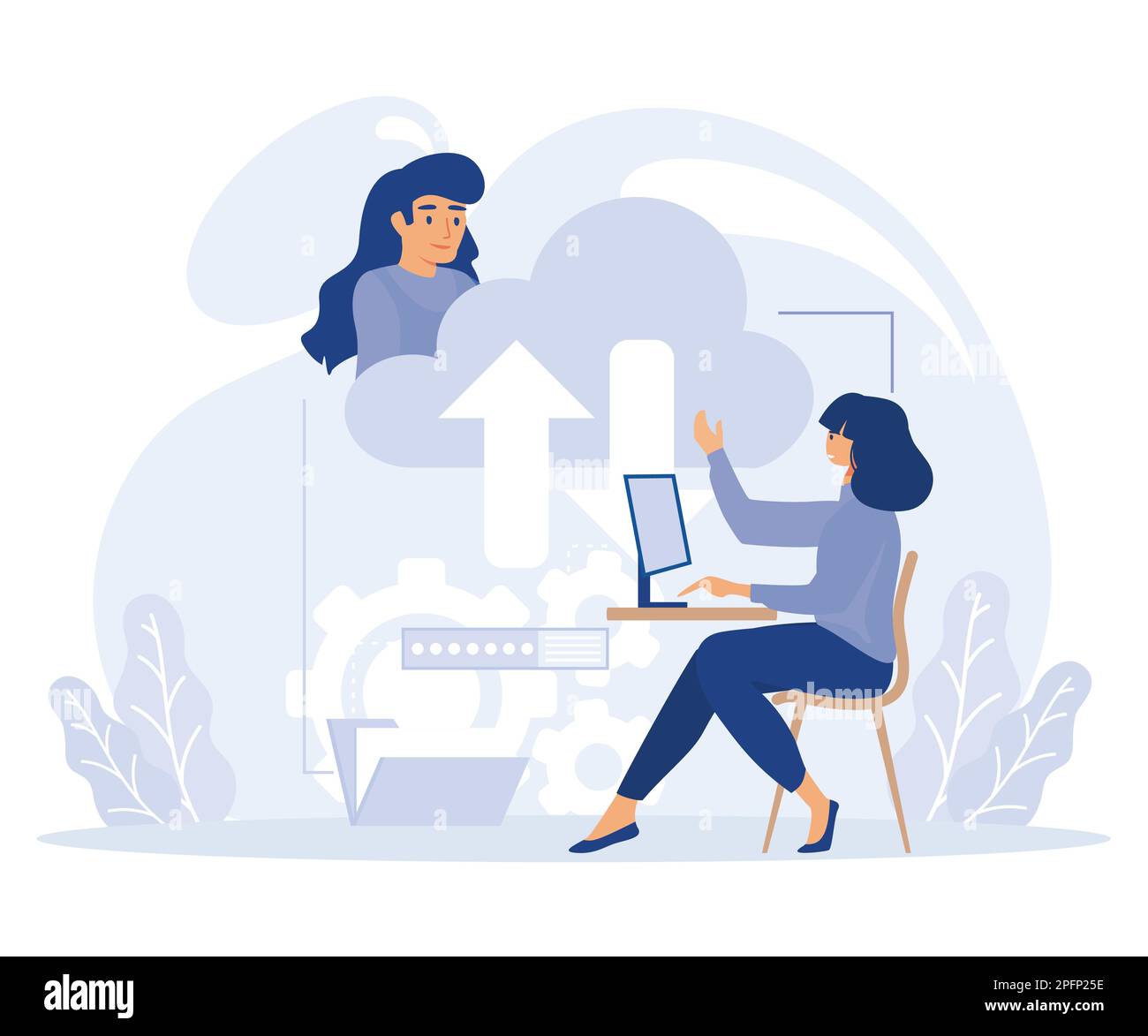 Concetto di servizio cloud, collaborazione cloud, piattaforma di gioco online, business remoto, illustrazione moderna a vettore piatto Illustrazione Vettoriale