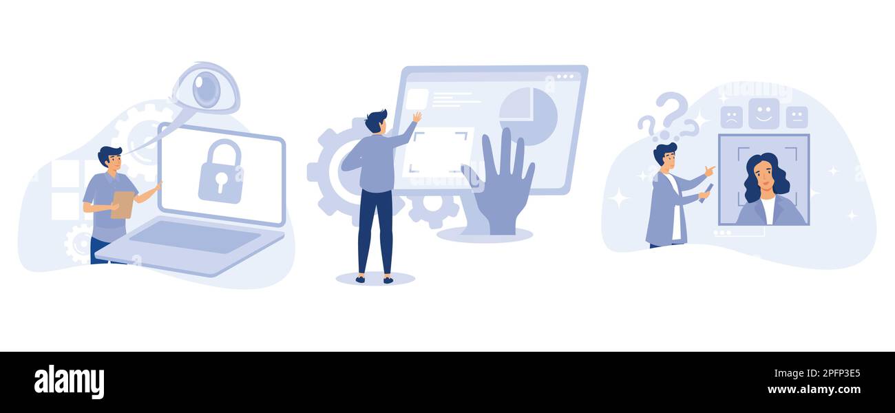 Concetto di tecnologia del sensore , tecnologia di tracciamento degli occhi, riconoscimento dei gesti, rilevamento delle emozioni, controllo a mani libere, dispositivo di rilevamento del movimento, set flat vecto Illustrazione Vettoriale