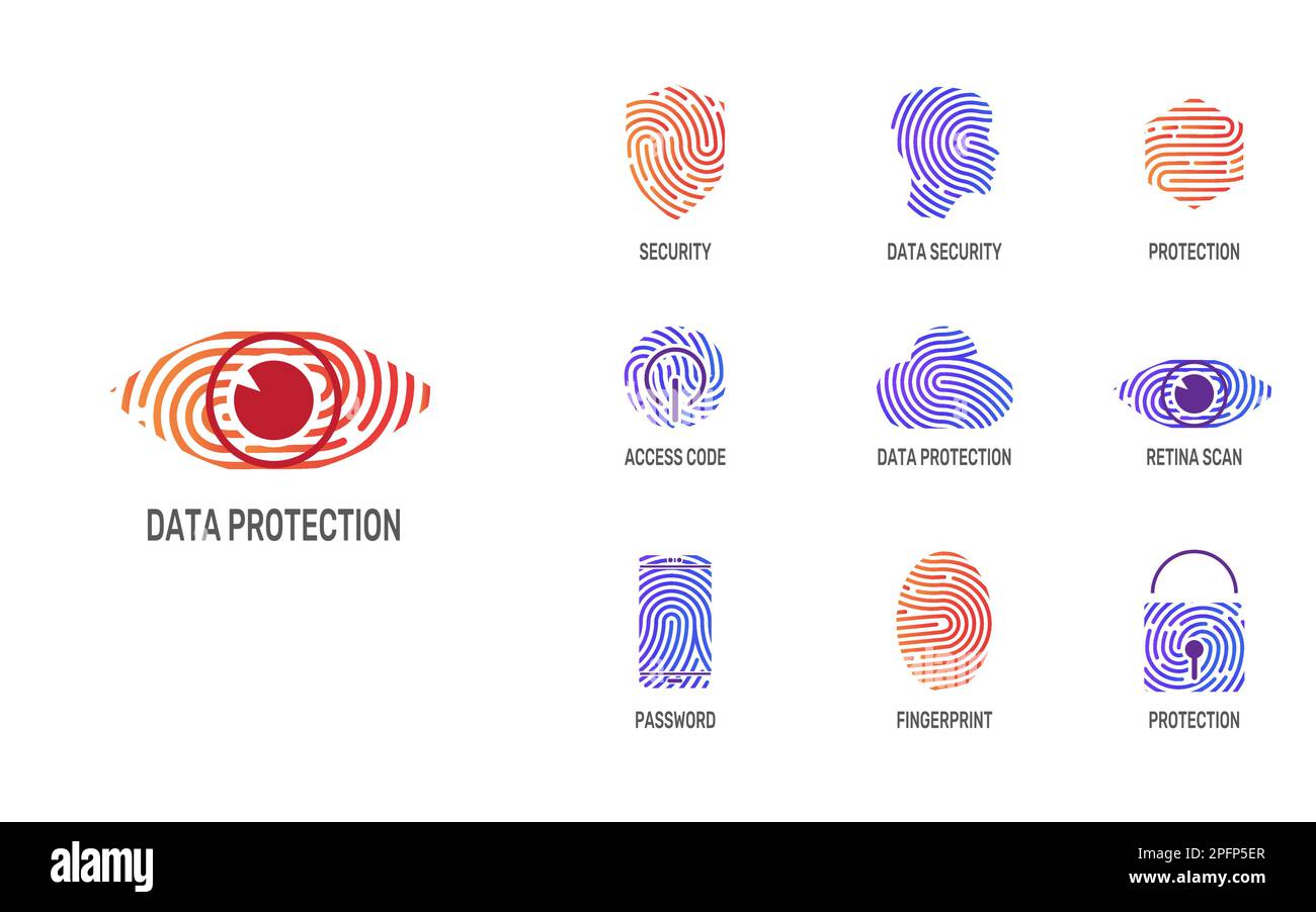 Impronta digitale. Icone della privacy digitale. Blocco del crimine. Scudo facciale o cerebrale. Thumbprint per fintech ai. Testa e chiave. Codice di accesso di identificazione. Set di simboli di protezione dei dati. Concetto di illustrazione vettoriale Illustrazione Vettoriale