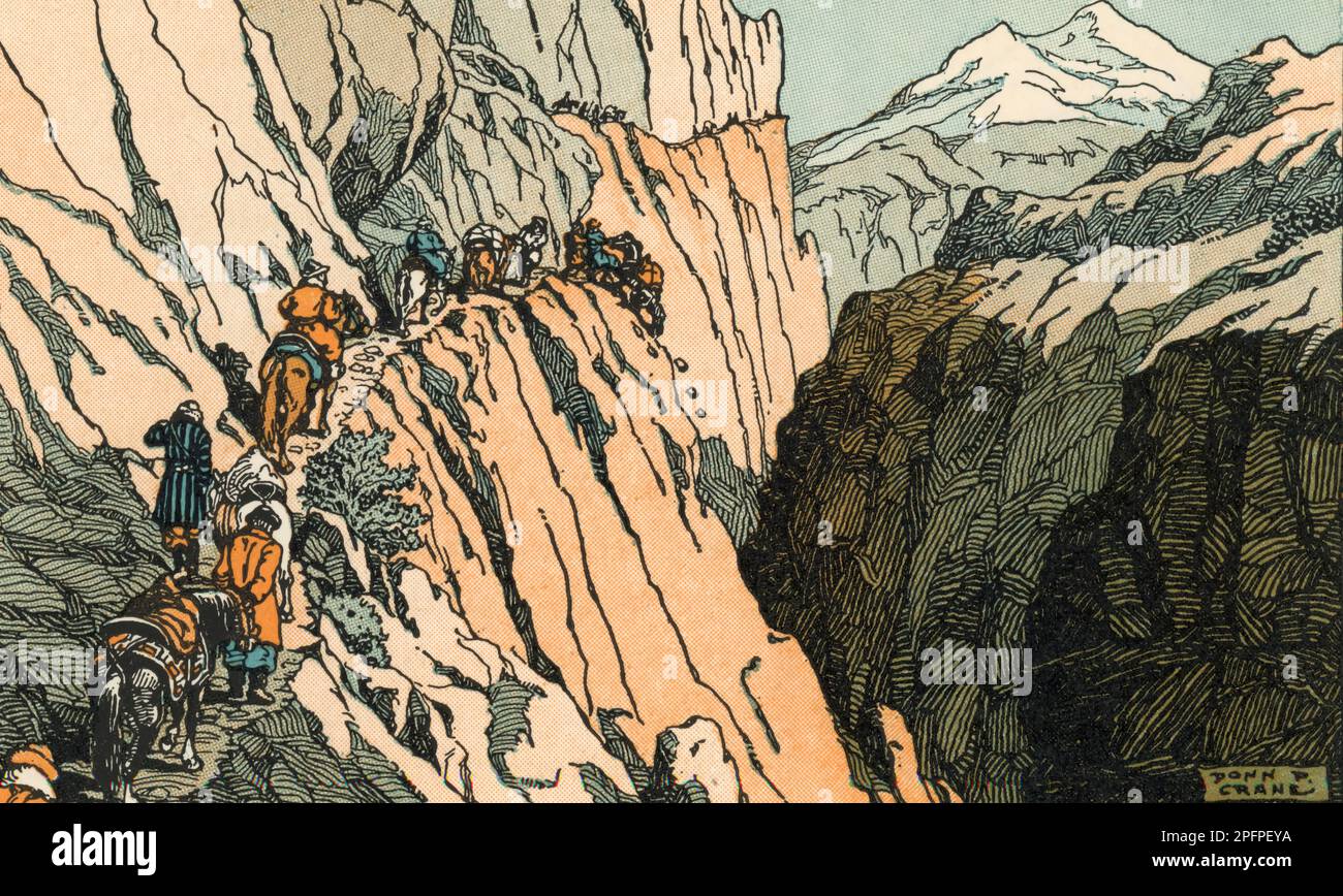 Il viaggio di Marco Polo attraverso l'Himalaya. Di Donn Philip Crane (1878-1944). Marco Polo (1254-1324) è stato un mercante, esploratore e scrittore italiano che ha viaggiato attraverso l'Asia lungo la Via della Seta tra il 1271 e il 1295. I suoi viaggi sono registrati nei Viaggi di Marco Polo (noti anche come Viaggi di Marco Polo, Libro delle meraviglie del mondo e il Milione). Foto Stock