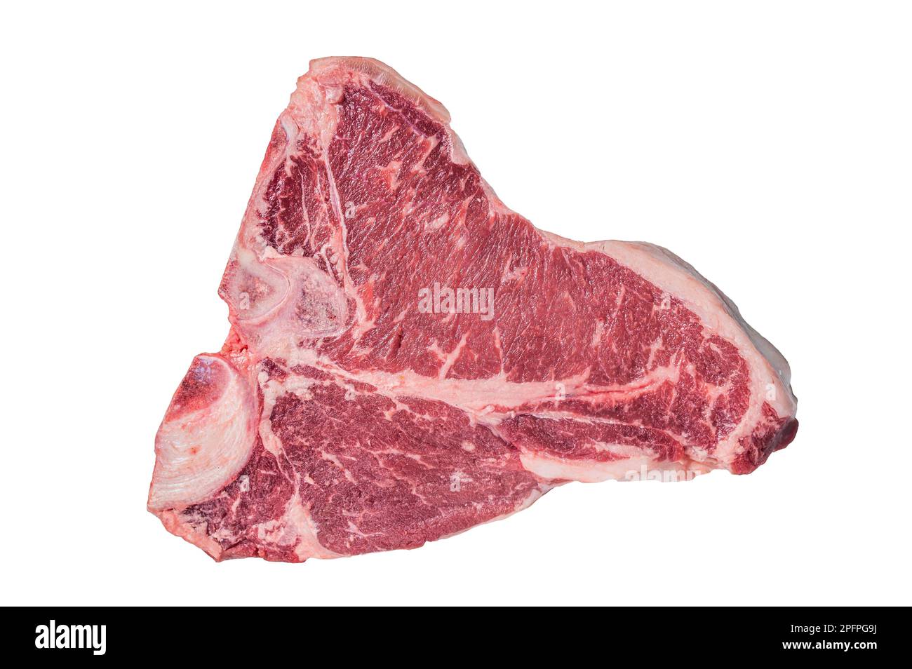 Porterhouse T-bone carne di manzo cruda bistecca. Isolato su sfondo bianco Foto Stock