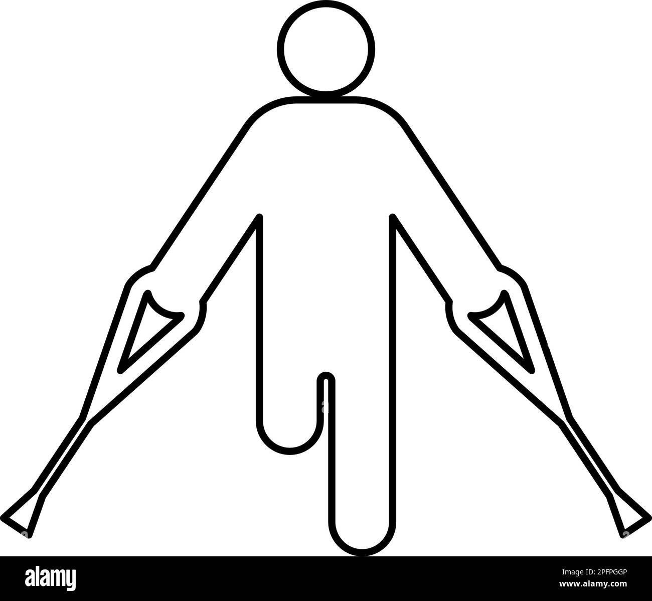 Uomo con la gamba rotta crutch canna gesso bastone piede con bastoni persona crutches trauma concetto contorno linea icona colore nero vettore Illustrazione Vettoriale