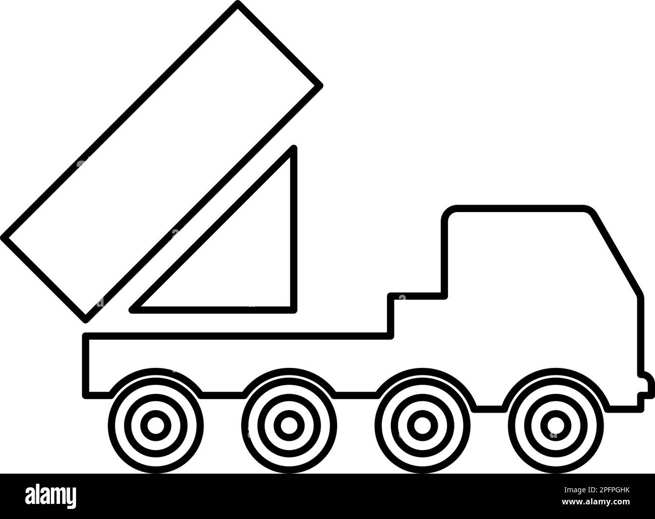 Sistema reattivo volley fuoco salvo artiglieria americana lancio multiplo su telaio gommato alta mobilità militare camion contorno linea icona contorno Illustrazione Vettoriale
