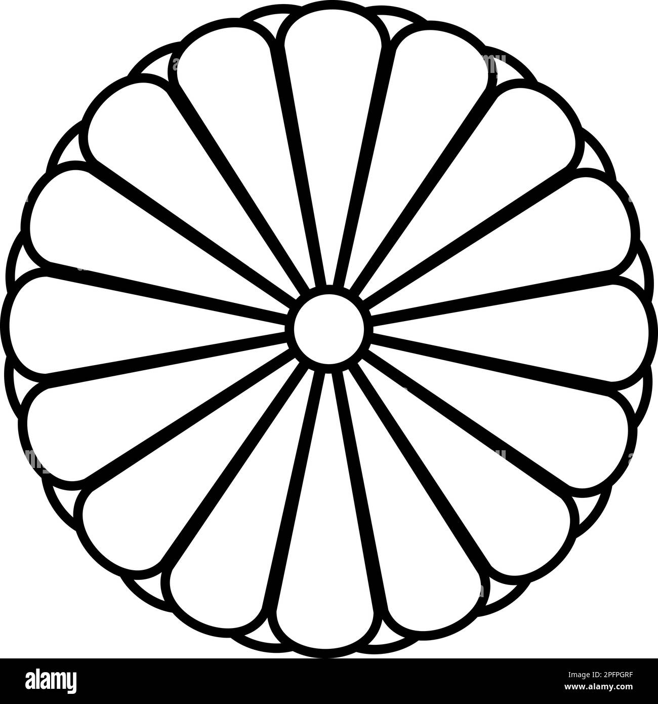 Stemma del disco centrale giapponese nippon Imperial Seal con emblema nazionale a 16 petali contorno linea icona colore nero disegno vettoriale Illustrazione Vettoriale