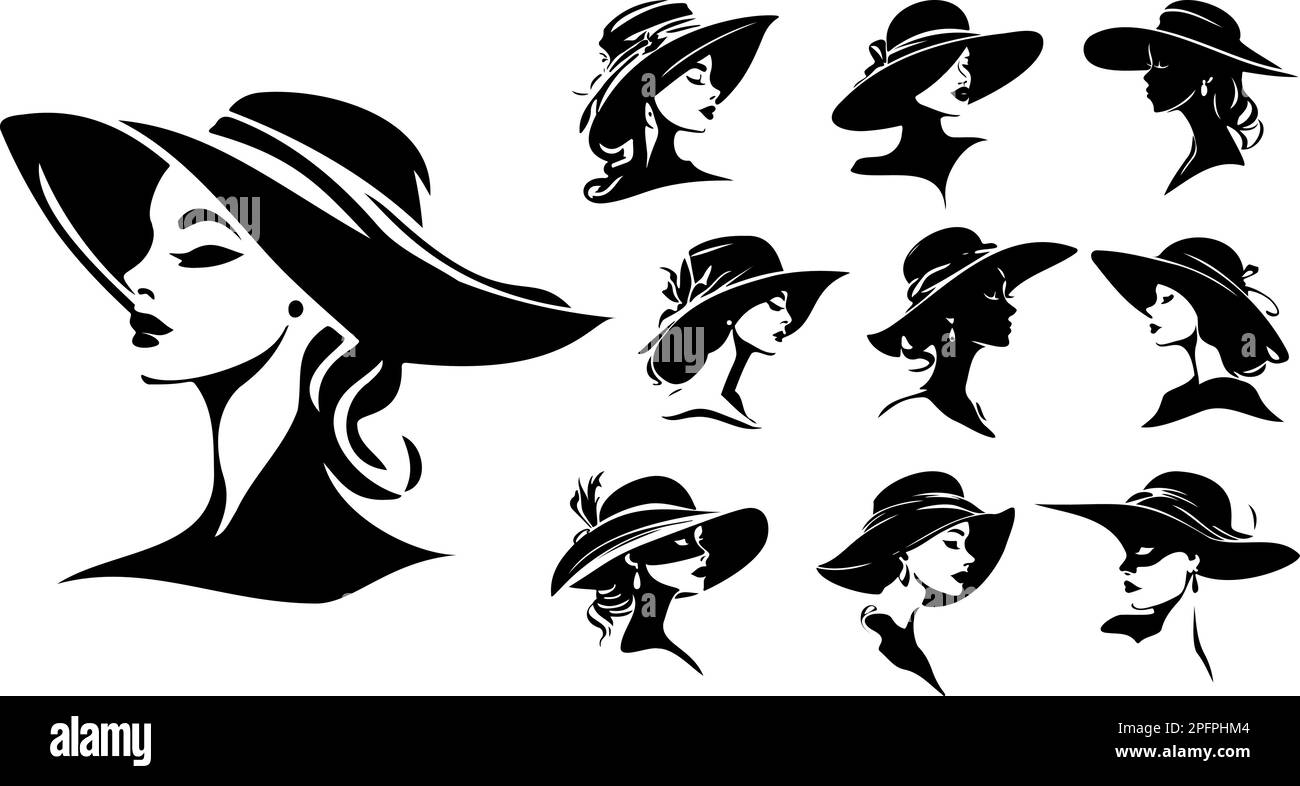 Set vettoriale di silhouette femminili in un cappello. Illustrazione Vettoriale