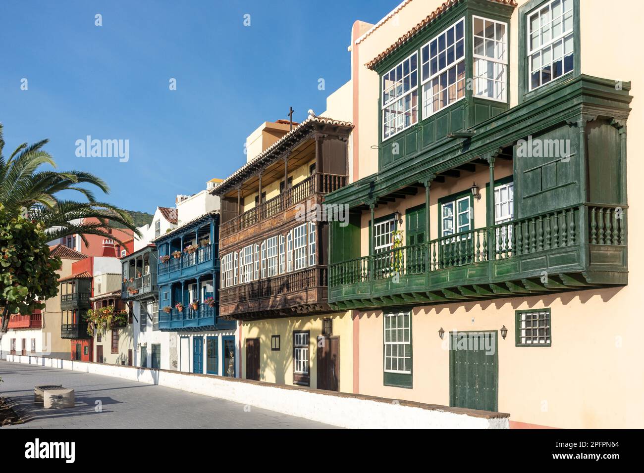 Balcones de la Avenida Marítima, Avenida Marítima, Santa Cruz de la Palma, la Palma, Isole Canarie, Regno di Spagna Foto Stock