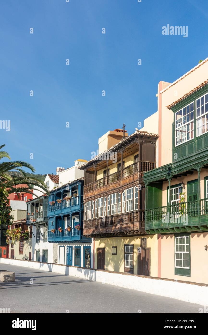 Balcones de la Avenida Marítima, Avenida Marítima, Santa Cruz de la Palma, la Palma, Isole Canarie, Regno di Spagna Foto Stock