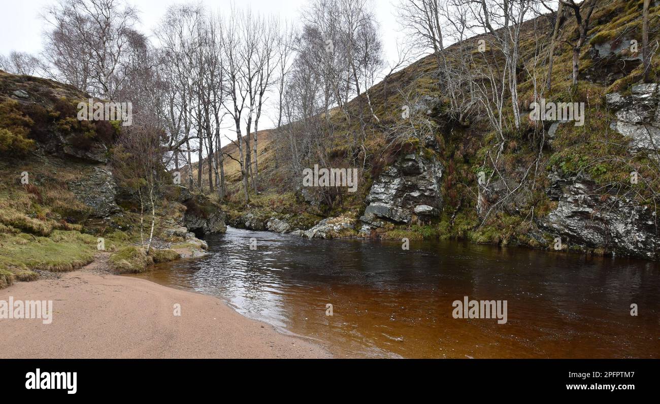 Una piscina lungo l'acqua di Tarf, Glen Esk, un luogo di nuoto selvaggio nel Glens Angus, Scozia, tinted marrone dal tannino dalla torba di altipiano. Foto Stock